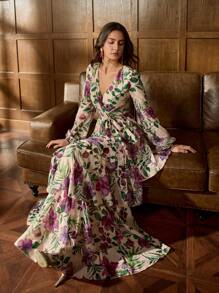 Elegant Romance Floral Chiffon Multi-Layered Evening Gown With V-Neckline & Waist Tie - Perfect For Galactic Gala Events, Black Tie Dinners, Outdoor Weddings, And Garden Parties, Formal, Party Dress, For Wedding Guest