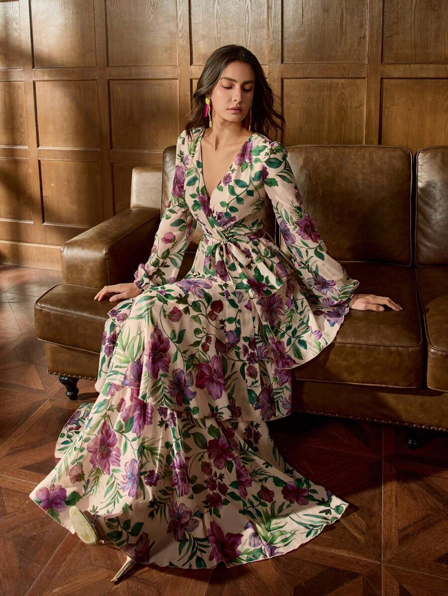 Elegant Romance Floral Chiffon Multi-Layered Evening Gown With V-Neckline & Waist Tie - Perfect For Galactic Gala Events, Black Tie Dinners, Outdoor Weddings, And Garden Parties, Formal, Party Dress, For Wedding Guest