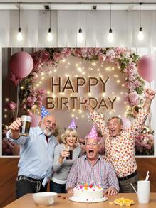 1pc 3D Floral Happy Birthday Photography Backdrops Pink Golden Balloons Flowers Party Banner 59.1*39.4/82.7*59.1/94.5*70.9/106.3*70.9 Inches Roses Green Leaves Photo Background Indoor Outdoor Newborn Shower Decoration Supplies