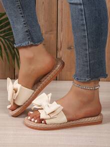 Damen Schleifen Sommer Strand Sandalen, weiche Sohle modische vielseitige rutschfeste Zehentrenner - Beige - Übersicht 5