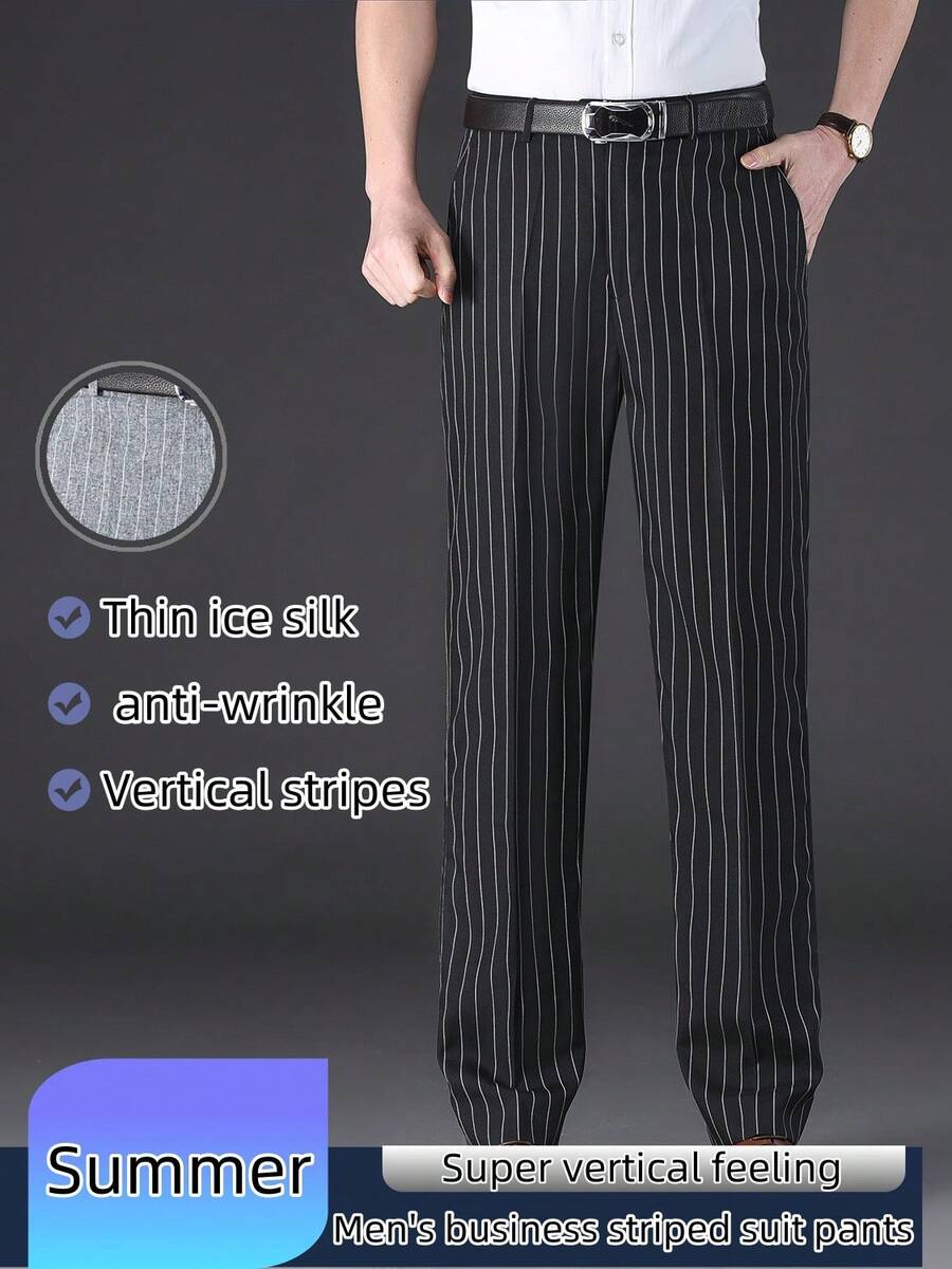 Men's Summer Thin Ice Silk Striped Trousers, Business Casual Suit Trousers, Slim Fit Straight Leg Cool Feeling Men's Trousers, Daily Wedding Casual White Suit Trousers - 黑色條紋 - 查看 1