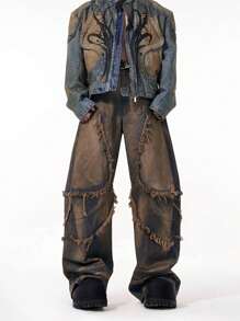 1pc American Retro Hip Hop Distressed Patchwork Frayed Hem Loose Casual Straight Leg Jeans, High Street Style Men's Cargo Pants