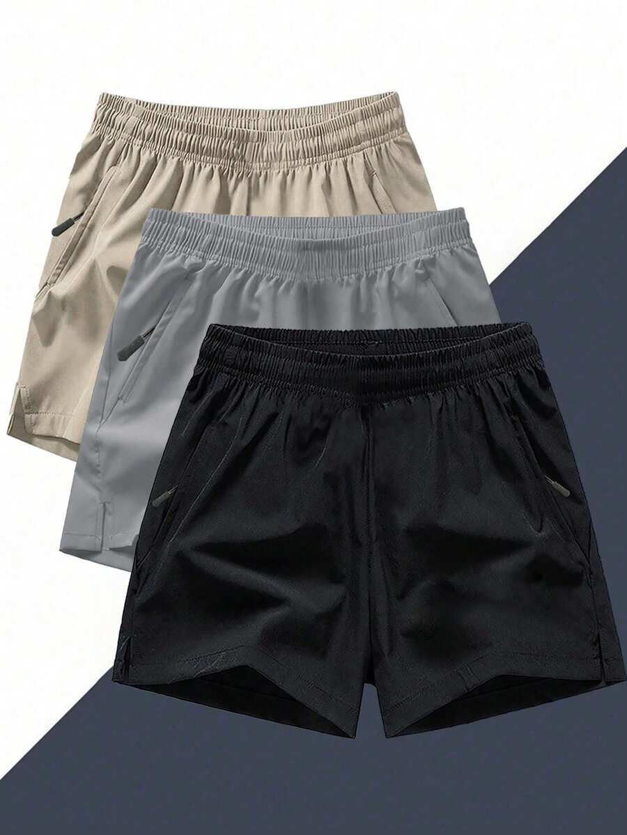 3pcs Tween Boys Casual Solid Color Slouchy Outdoor Sports Loose Fit Knee Length Shorts, Summer - Black - View 1