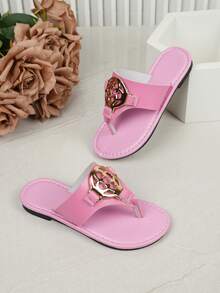 儿童时尚拖鞋，夏季新款金属扣装饰，户外耐磨防滑拖鞋，多功能沙滩拖鞋 - 粉色 - 查看 5