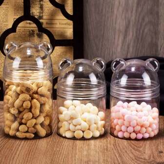1pc Cute Bear Design Plastic Storage Jar - Transparent Multi-Purpose Container, Suitable For Home, Party Supplies, Holiday Decor And Gift Ideas, Waterproof Flip-Top Lid, Modern Style