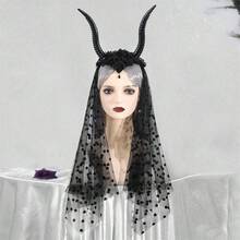 Women Halloween Headband, Gothic Goat Horns Dots Tulle Hair Hoop Hair Accessories Party Hairpiece - màu đen - Xem 5
