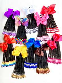SprBuds 1pc Kids Braided Ponytail Hair Extension, Girls Ponytail With Beads Braids Hair Extension Detachable Synthetic Hairpieces With Bows Protective Easy Hairstyle For Girl Children Gift (Box-9inch) - Natural Black - View 2