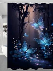 1/4 Pcs Butterfly Printed Bathroom Shower Curtain Set, Fashion Bathroom Decoration, Waterproof Fabric Shower Curtain Set With 12 Hooks, Anti-Slip Bathroom Mat, U-Shaped Toilet Seat Cover Bathroom Accessories