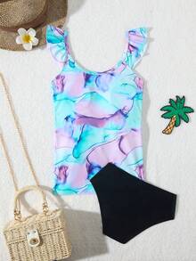 Tween Girls' Random Floral Print Ruffle Shoulder Tankini Swimsuit Set - Multicolor - View 5