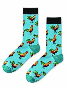2 Pairs Unisex Couple Rooster Pattern Mid-Calf Socks, Versatile For All Seasons - Multicolor - View 4