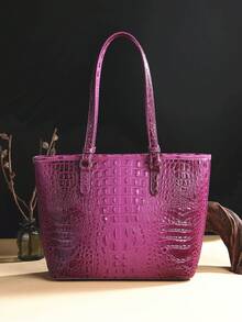 2pcs Crocodile Pattern Large Capacity Tote Bag - PU Leather Textured Shoulder Bag, Casual Versatile Commuter Bag With Clutch Purse - Màu tím - Xem 5