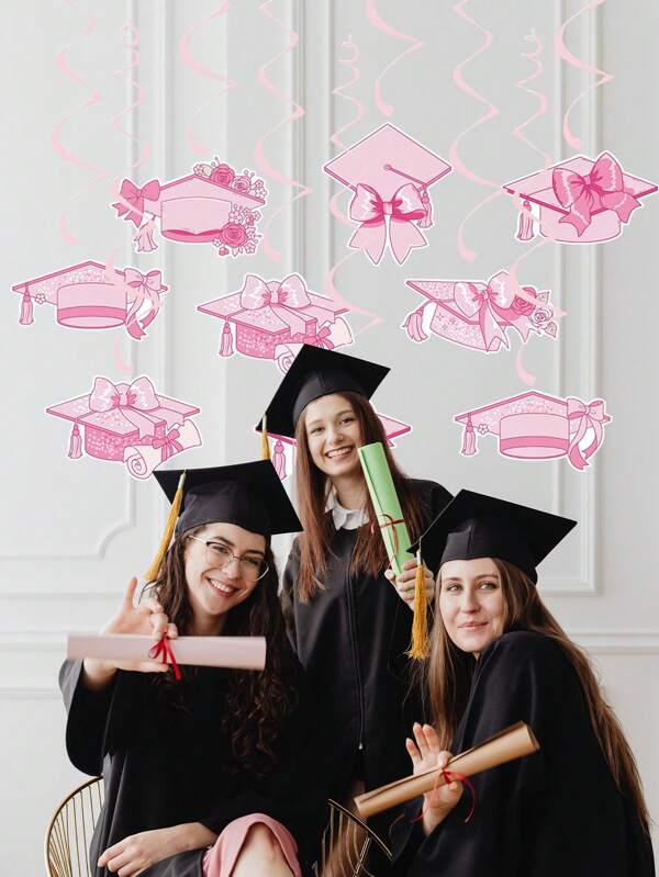 9 Piezas Decoraciones de Graduación Rosa, Borlas en Espiral con Birretes, Decoraciones Colgantes en Forma de Moños Rosas para Fiesta de Graduación, Suministros y Favores