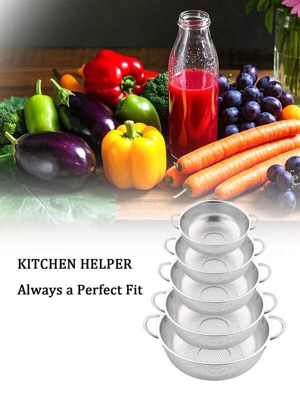 5pcs Set / 1pc Durable Stainless Steel Water Filter Basket Kitchen Set: Suitable For Pasta, Vegetables And Other Multi-Function Kitchen Filters, Stainless Steel Drain Basket - Stackable Filter - Vegetable Water Filter - Pasta Filter - Kitchen Filter - Vegetable Washing Basin, Rice Sieve And Fruit Bowl - Essential Cooking Tools To Meet All Your Kitchen Drainage Requirements