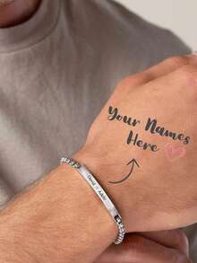 Customized Engraved Stainless Steel Men's Curved Name Bracelet, 19+5cm Personalized Name Bracelet, Gift For Boyfriend, Couple Customized Name Bracelet, Laser Engraved Name Bracelet Unisex, Curved Faux Pearl Chain Bracelet, Father's Day Personalized Name Gift, Dad Bracelet,Jewelry & Watches,Season Picks,Elegant Outfit - Silver - View 4