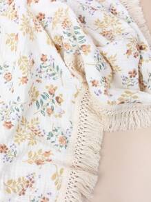 1pc Baby Cotton Printed Tasseled Swaddle Blanket, Stroller Cover