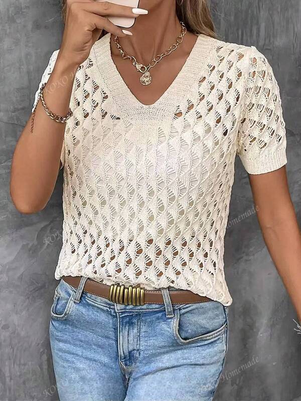 Hollow-Out Long Sleeve Knit Sweater, Casual Everyday Wear