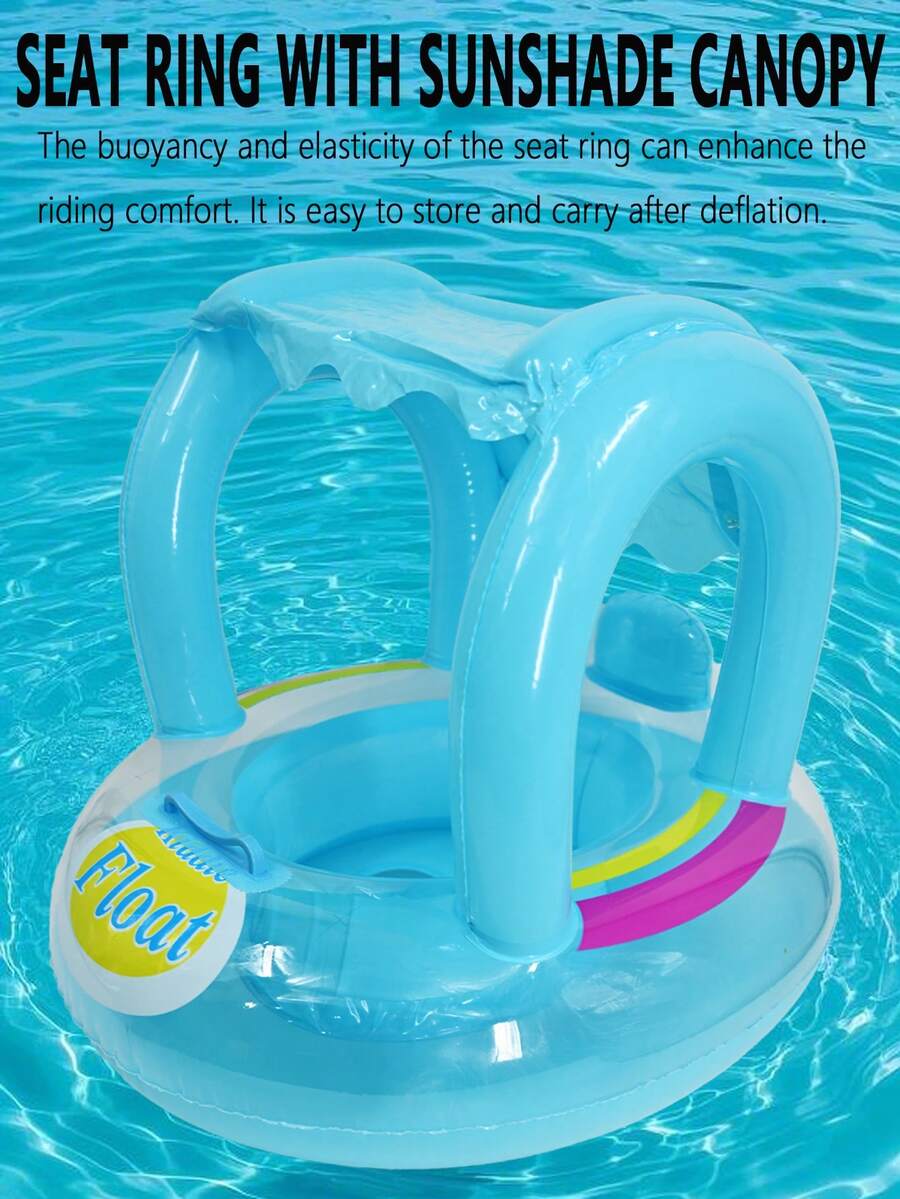 1 件儿童充气游泳池座椅，带手柄的可爱漂浮游泳圈，婴儿腋下浮圈，夏季游泳带遮阳卡通图案 - 藍色 - 查看 1