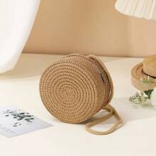 1 chiếc 2025 Túi đeo vai tròn dệt rơm dễ thương cỡ lớn mùa hè mới, Túi đeo chéo nhỏ đựng điện thoại di động, Túi đi biển, Túi đựng điện thoại thời trang, Ví đựng tiền xu, Túi đan rơm màu trơn INS, Túi đựng điện thoại cho nữ, Túi tròn dệt rơm ngày lễ bãi biển thời trang mới [Đường kính 16cm, Có thể đựng điện thoại] - màu nâu - Xem 9