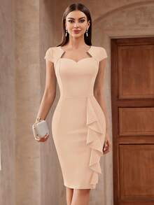 MIUSOL Elegant Solid Sweetheart Neck Ruffle Trim Cocktail Party Fitted Dress - Champagne - View 1