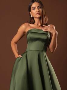 Strapless Party Dress With Cross-Back Closure - Olive Green - View 3