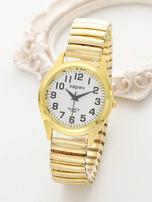 XAPWV 1 pieza Reloj de cuarzo casual/de negocios para mujer con gran esfera numérica, diseño de puntero y correa de acero elástica
