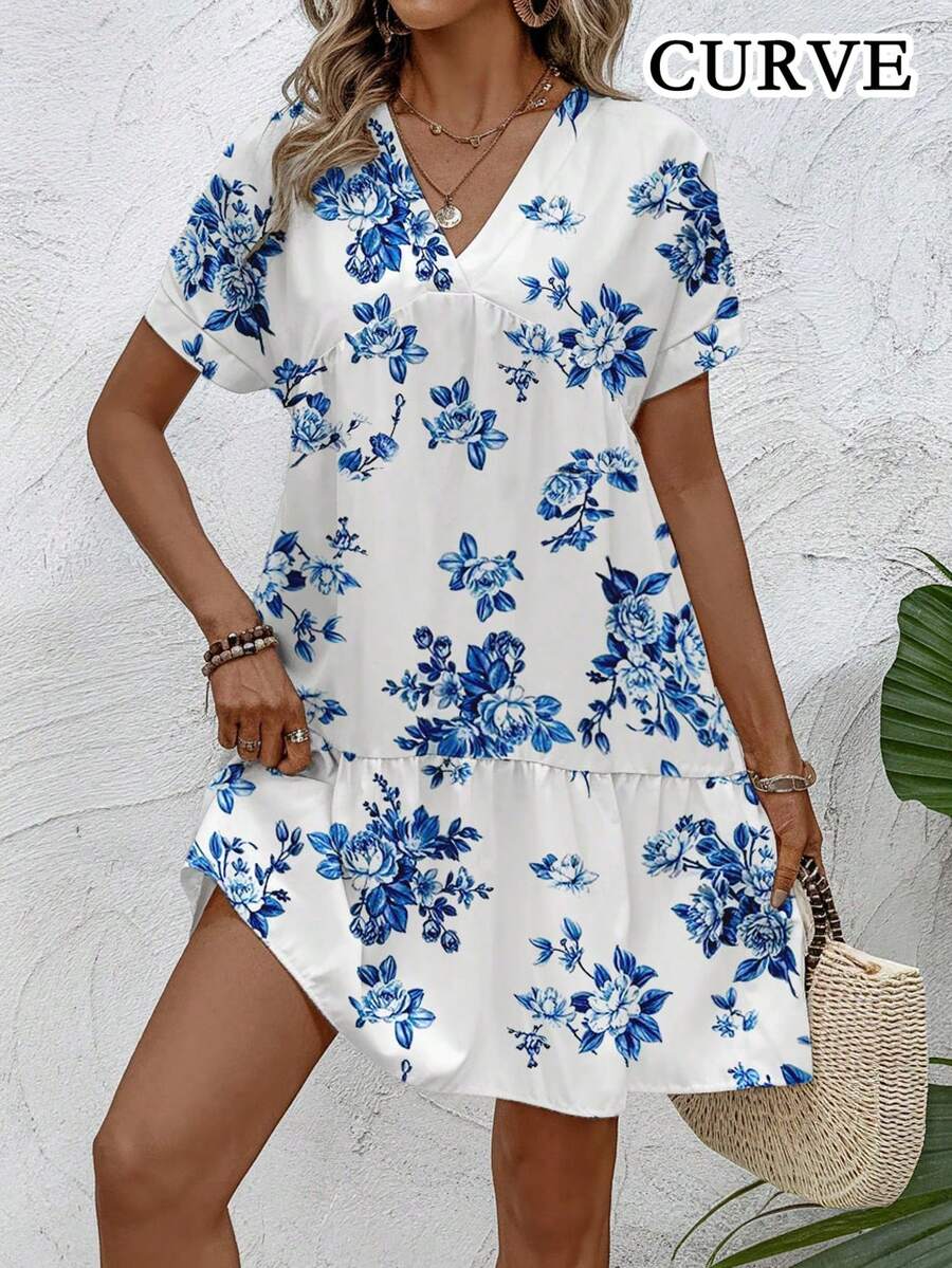 夏季加大女式 V 领花卉印花短袖连衣裙