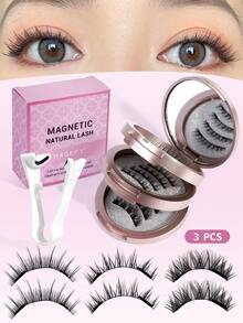3 Pairs Magnetic False Eyelashes Kit With Mirror & Applicator Glue-Free Eyelashes Natural Manga Eyelashes Cat Eye Fluffy Faux Mink Eye Lashes With Tweezers Makeup Tool For Beauty Travel - 黑色 - 查看 1