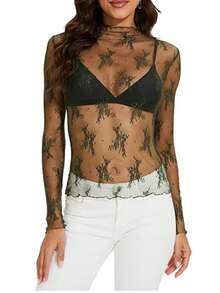Women's Floral Embroidery Lace See-Through Mesh Long Sleeve Blouse, See-Through Crew Neck Fishnet Shirt - Dark Green - View 1