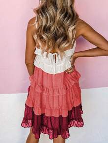 Acelitt Gradient Contrasting Ombre Swiss Dot Pleated Layered Mini Dress