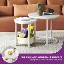 Coffee Table For Living Room, Nest Of Tables Set Of 2 With Storage, Small Round Table 60X60X50.5CM, Wooden Side Table With Sturdy Metal Frame, Easy Assembly