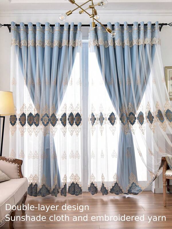 1pc European Style Embroidered Double Layer Blackout Curtain, Decorative Sunshading, Suitable For Living Room, Bedroom, Children Room, Nursery