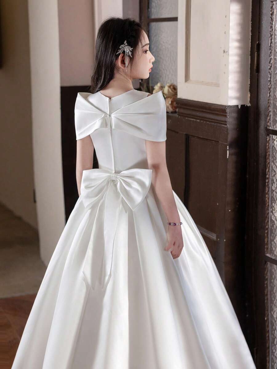 Teens White Elegant Maxi Dress, Middle/Big Girls Birthday Party Wedding Bowknot Formal Gown - 白色 - 查看 1