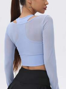 1pc Women Mesh Long Sleeve Cropped Yoga Sports T-Shirt With Built-In Bra Pad