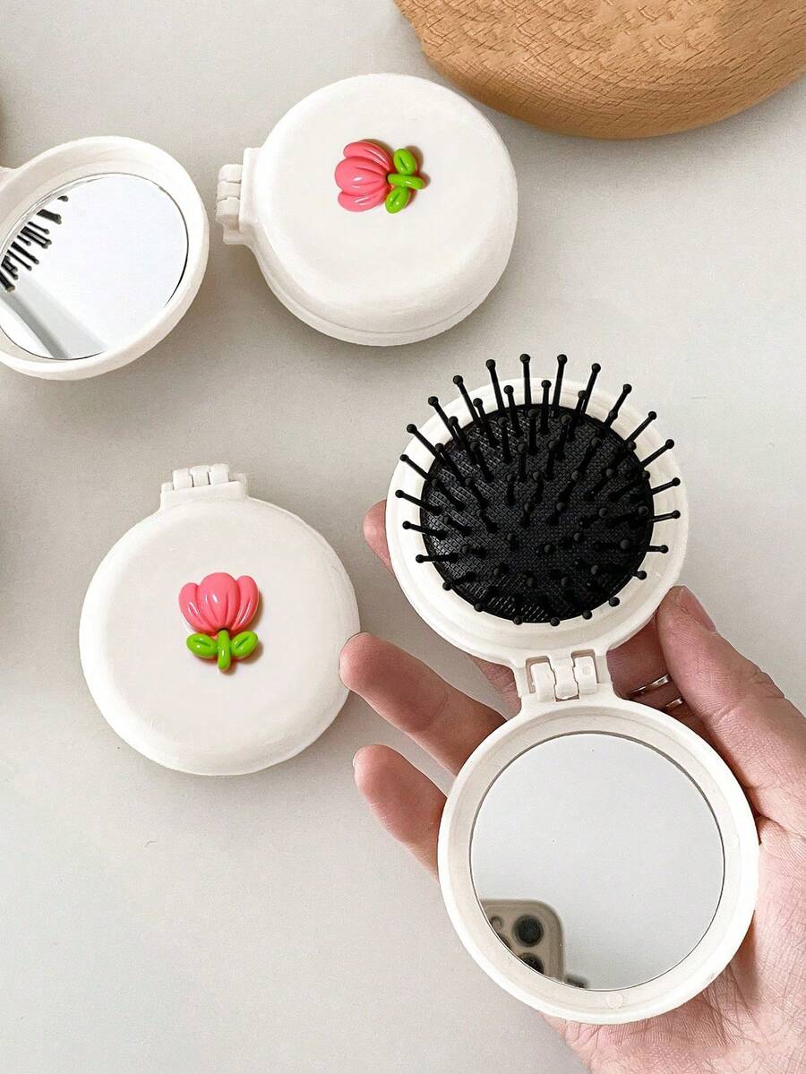 1/2pcs/Set Tulip Flower Portable Airbag Mirror Comb, Foldable Pocket Makeup Mirror, Compact Flower Design, Hair Accessories - Multicolor - View 1