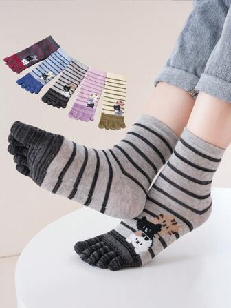 1/2/3/5 Pairs Women Multicolor Stripe Cat Pattern Cartoon Cute Funny Toe Separator Socks, Fall