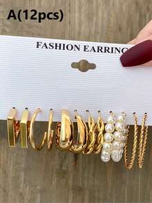 2/10/12/24 件/套时尚人造珍珠耳环，金属几何图案，扭曲宽环，适合度假、派对、约会和日常佩戴 - 彩色 - 查看 11