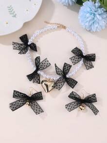 3pcs/Set Girls Lace Bow Heart Faux Pearl Beaded Necklace & Earrings Jewelry Set - Multicolor - View 1