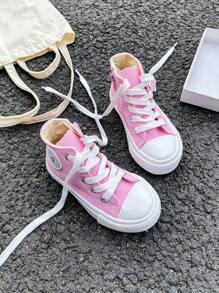 OPOEE White Canvas Shoes For Toddlers, Mid-Top Sneakers, Children's Casual Lace-Up Canvas Shoes, Korean Style, Boy & Girl, Spring/Autumn, Classic High-Top Canvas Sneakers, Versatile, Casual Sport & Skateboard Shoes For Kids