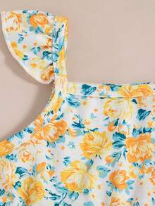 3pcs/Set Baby Girls' Floral Striped Print Sleeveless Top + Floral Striped Print Shorts Set - Yellow - View 3