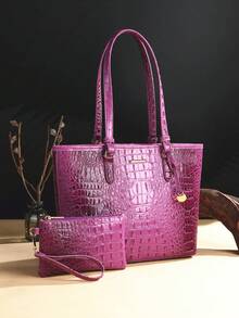 2pcs Crocodile Pattern Large Capacity Tote Bag - PU Leather Textured Shoulder Bag, Casual Versatile Commuter Bag With Clutch Purse - Màu tím - Xem 2