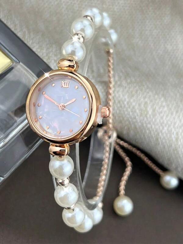 Montre-bracelet à quartz compacte avec perles, élégante et facile à porter pour fille aînée. Cadeau surprise pour maman, fête des mères