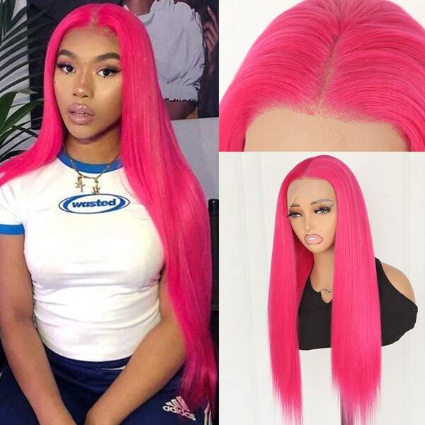 Peluca de cabello sintético color rosa rojo, con encaje delantero de 13x4 y raíz libre, con cabello de bebé previamente recortado, línea natural del cabello sin pegamento, cabello liso y sedoso largo de 28 pulgadas con una densidad del 180%, apta para uso diario y fiestas, para mujeres de moda