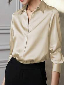 Blusa de satén casual para mujer, camisa con botones y diseño de cuello, elegante para la oficina y uso casual, primavera y verano - Champán - Ver 5