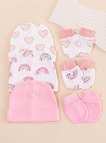 3pcs Set Baby 0-3M Infant Girls Soft Protective Hedging Hat+Gloves 4 Seasons Set, Suitable For Newborn Hospital And Daily Wear