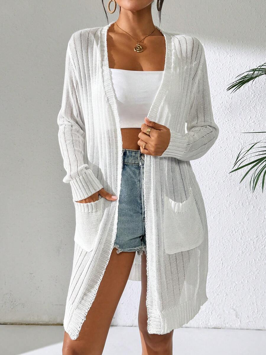 Women's Lightweight Solid Color Long Sleeve Dual Pocket Open Front Casual Long Cover Up, Spring/Summer