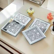 一套4个/2个奢华银色玻璃杯垫，饰有水晶碎钻图案，隔热方形桌垫，适用于茶、咖啡、酒吧、家居装饰 - 优雅玻璃镜面抛光