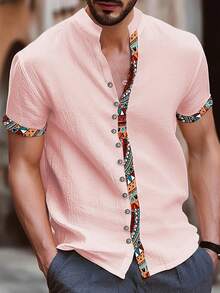 Men's Geometric Print Short Sleeve Single-Breasted Casual Shirt - Pink - View 3