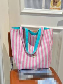 1 Bolso de hombro de diseño de doble cara con estilo de Doncella, bolso grande para niños, bolso de estudiante de gran capacidad, bolsa de tutoría, bolsa de almacenamiento, bolsa casual portátil, adecuada para compras, fiestas, vacaciones, eventos festivos, entretenimiento y otras ocasiones. Decoración con parche de letra y rayas de contraste de color, un regalo perfecto para chicas jóvenes, estudiantes adolescentes, etc.