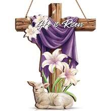 他复活了复活节十字架标志宗教木门标志基督教百合花羊复活节门花环壁挂装饰标志适用于家庭前门室内室外复活节春季装饰 - 彩色 - 查看 2