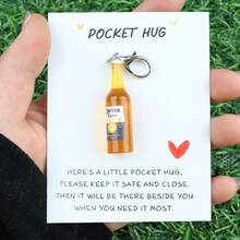 1/2pcs Resin Fake Beer Bottle Pendant Keychain With Motivational Pocket Hug Card, Cute Novelty Party Favor, Bag/Backpack Accessory, Fashion Jewelry, Birthday, Back To School Decoration